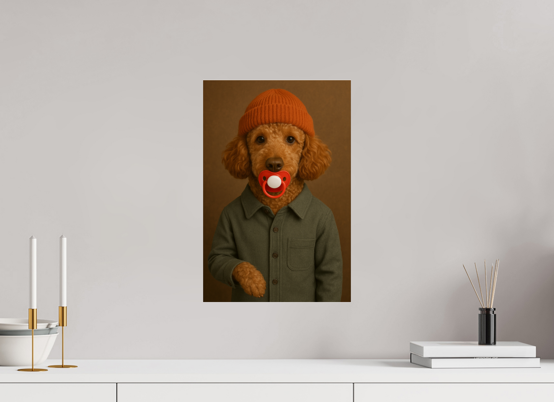 Red poodle wearing a burnt orange beanie and green button-up jacket, with a red pacifier in its mouth, facing front.
#00004 | The Baby Pood