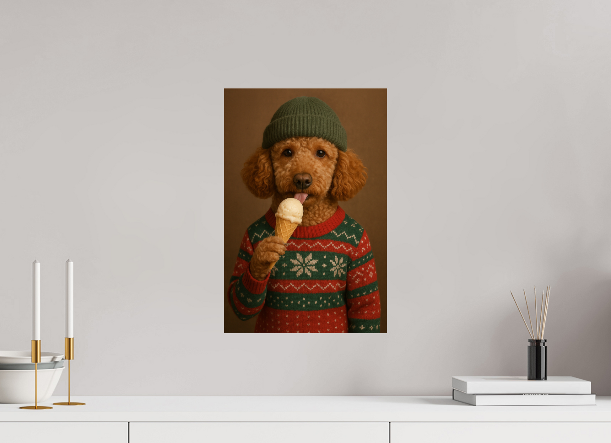 Red poodle wearing a green wool beanie and Christmas sweater, licking a vanilla ice cream cone, on a warm brown background.
#00003 | Winter Delight