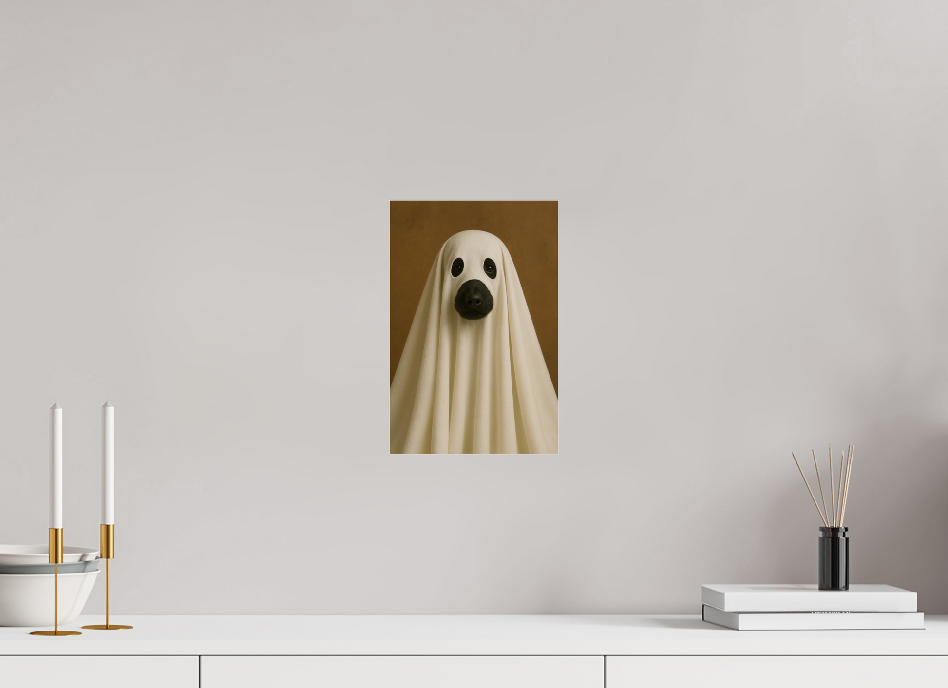 A black poodle dressed as a classic ghost, with a white sheet draped over its body. Spooky and adorable at the same time!

 

#00010 | The Ghostly Poodle