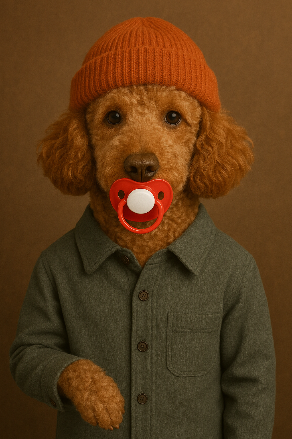 Red poodle wearing a burnt orange beanie and green button-up jacket, with a red pacifier in its mouth, facing front.

#00004 | The Baby Pood