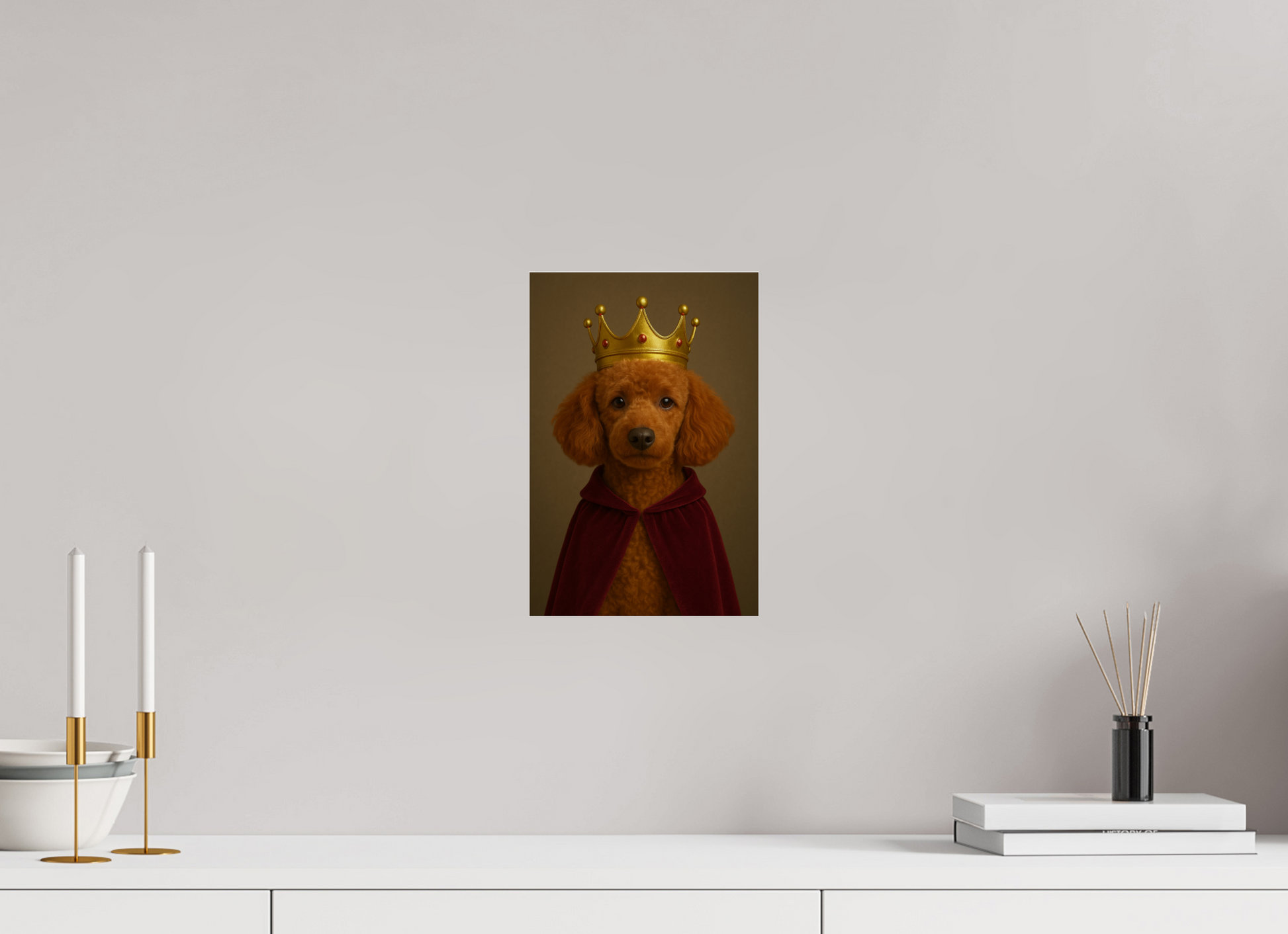 Red poodle dressed as a king, wearing a golden crown and a red velvet cloak, with a regal expression and olive background.

#00006 | King Poodle
