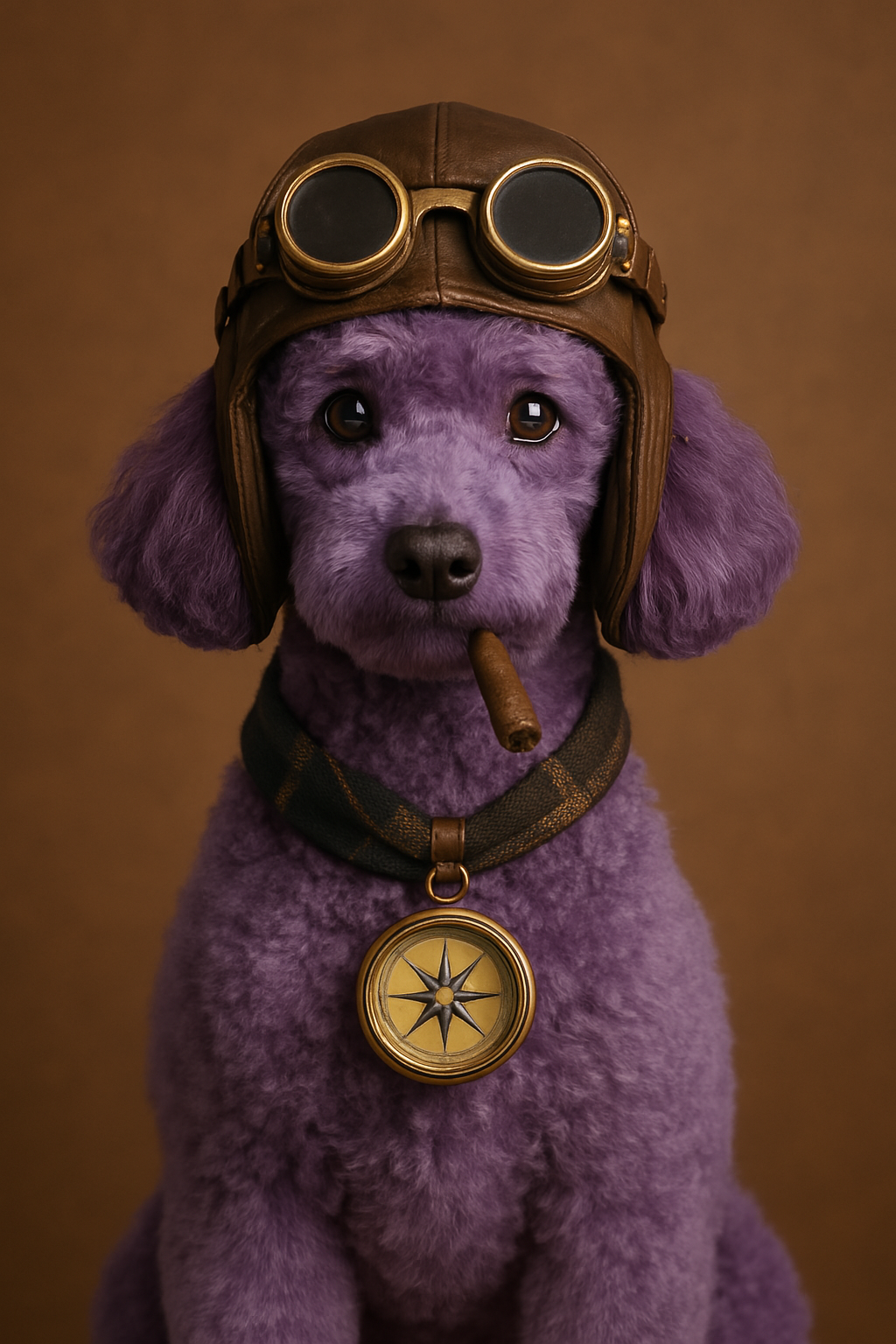 Purple poodle dressed as a vintage aviator with leather pilot helmet, compass necklace, and a cigar in its mouth, on brown background.

#00005 | Retro Pilot