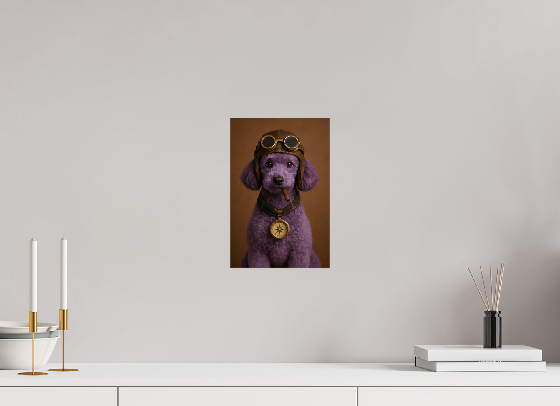 Purple poodle dressed as a vintage aviator with leather pilot helmet, compass necklace, and a cigar in its mouth, on brown background.

#00005 | Retro Pilot