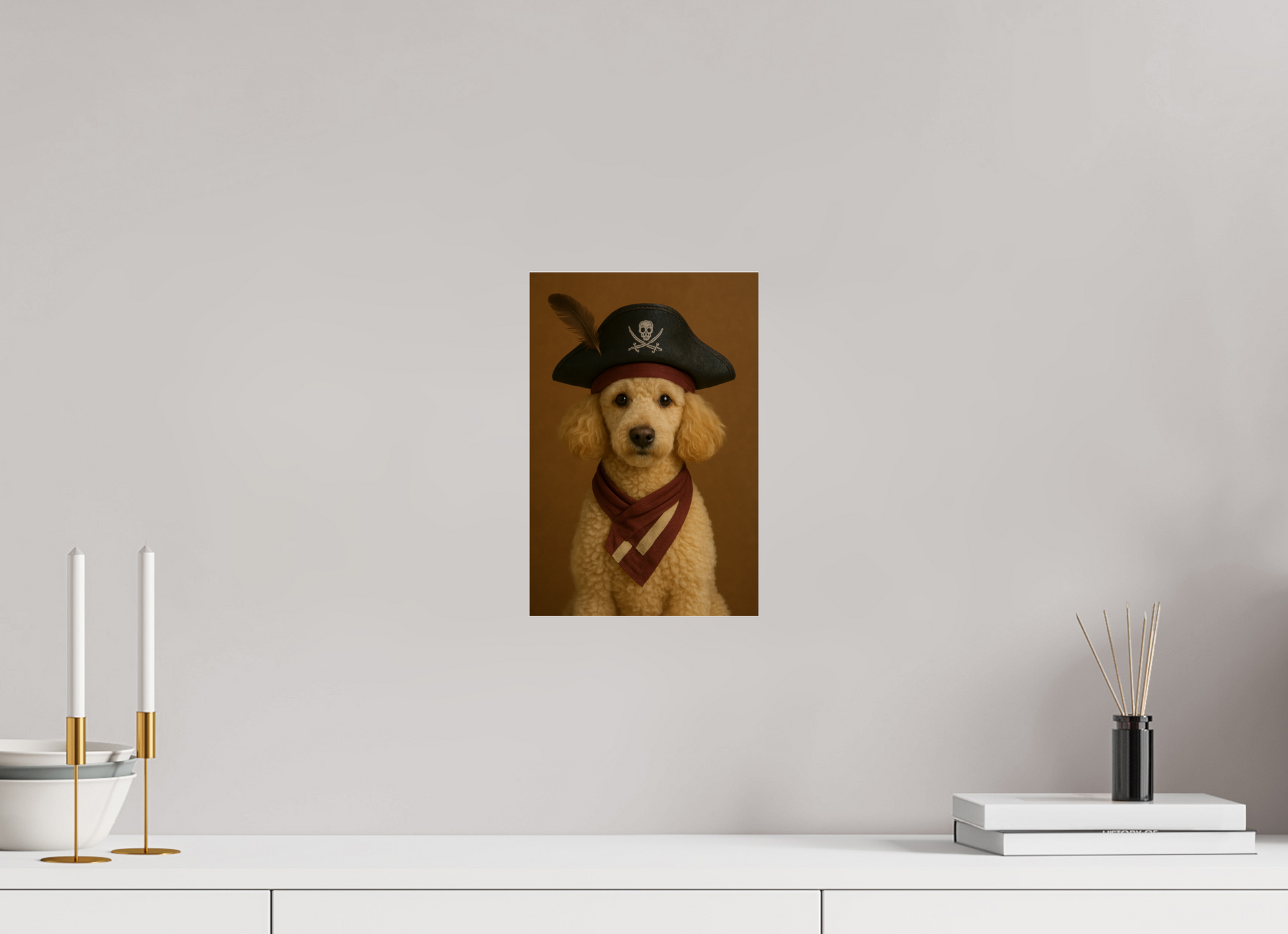 Cream-colored poodle in a pirate costume with a black hat, feather, and maroon scarf, posing against a soft brown backdrop. 

#00009 | The Pirate Captain