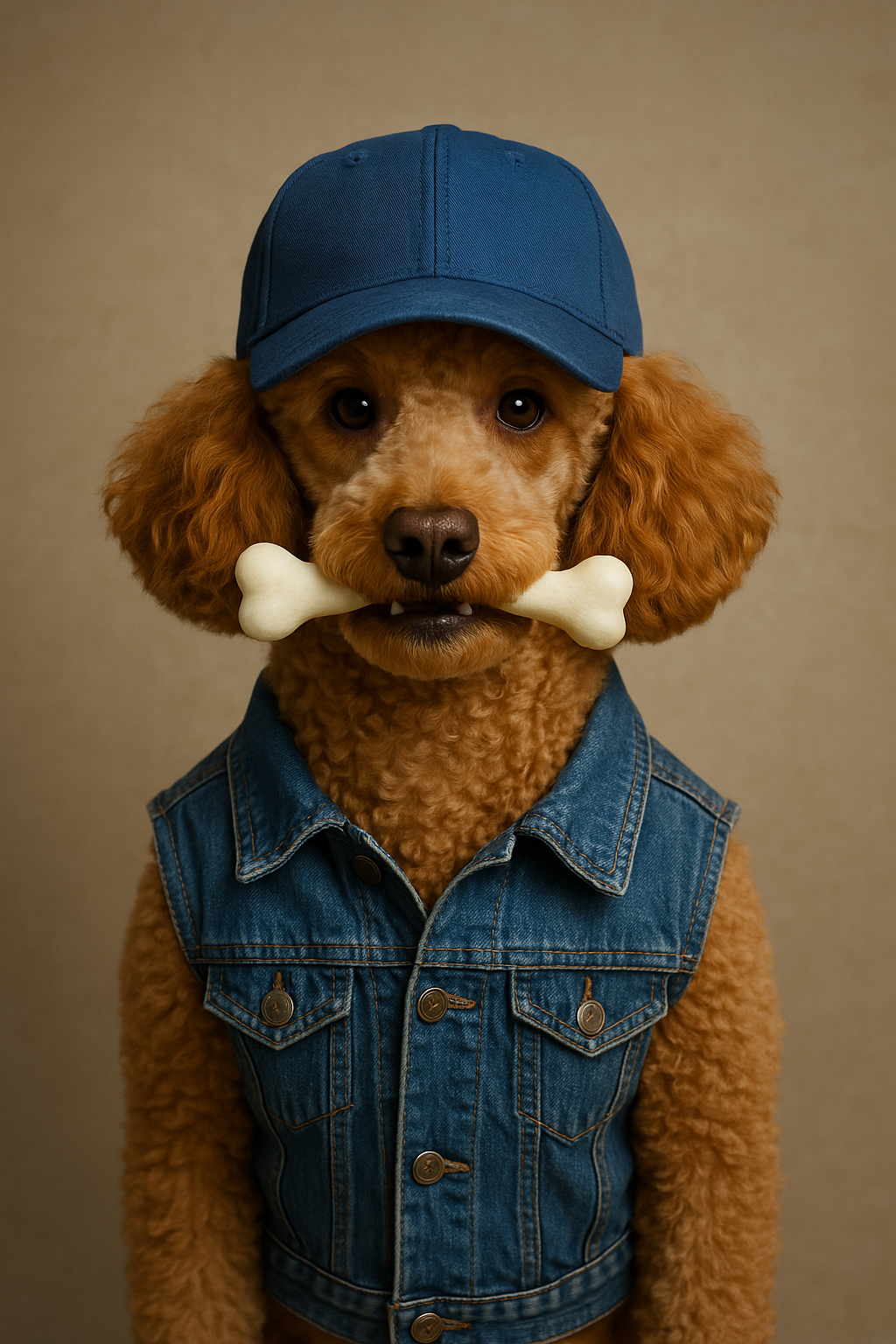 Light brown poodle wearing a blue baseball cap and denim vest, holding a white bone in its mouth, on a beige background.

#00008 | Urban Style