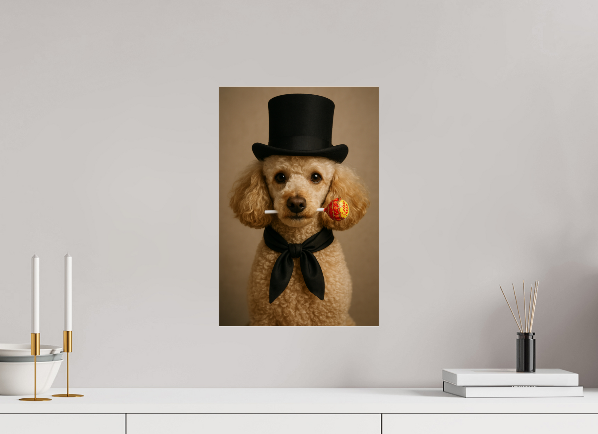 Cream-colored poodle wearing a black top hat and black necktie, holding a red Chupa Chups lollipop in its mouth, against a warm brown background.

#00001 | Sweet Elegance 
