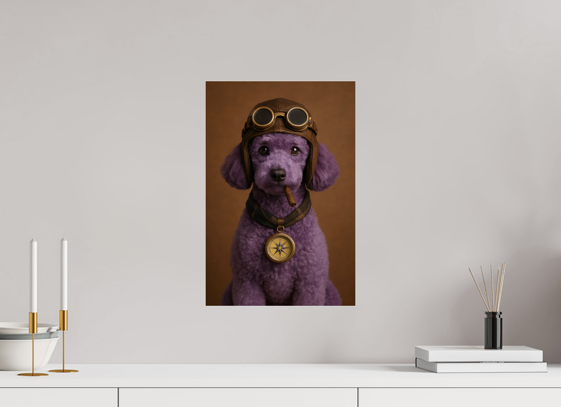 Purple poodle dressed as a vintage aviator with leather pilot helmet, compass necklace, and a cigar in its mouth, on brown background.

#00005 | Retro Pilot