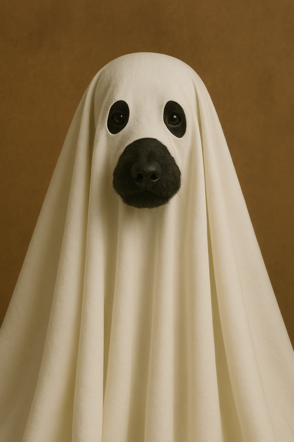 A black poodle dressed as a classic ghost, with a white sheet draped over its body. Spooky and adorable at the same time!

 

#00010 | The Ghostly Poodle