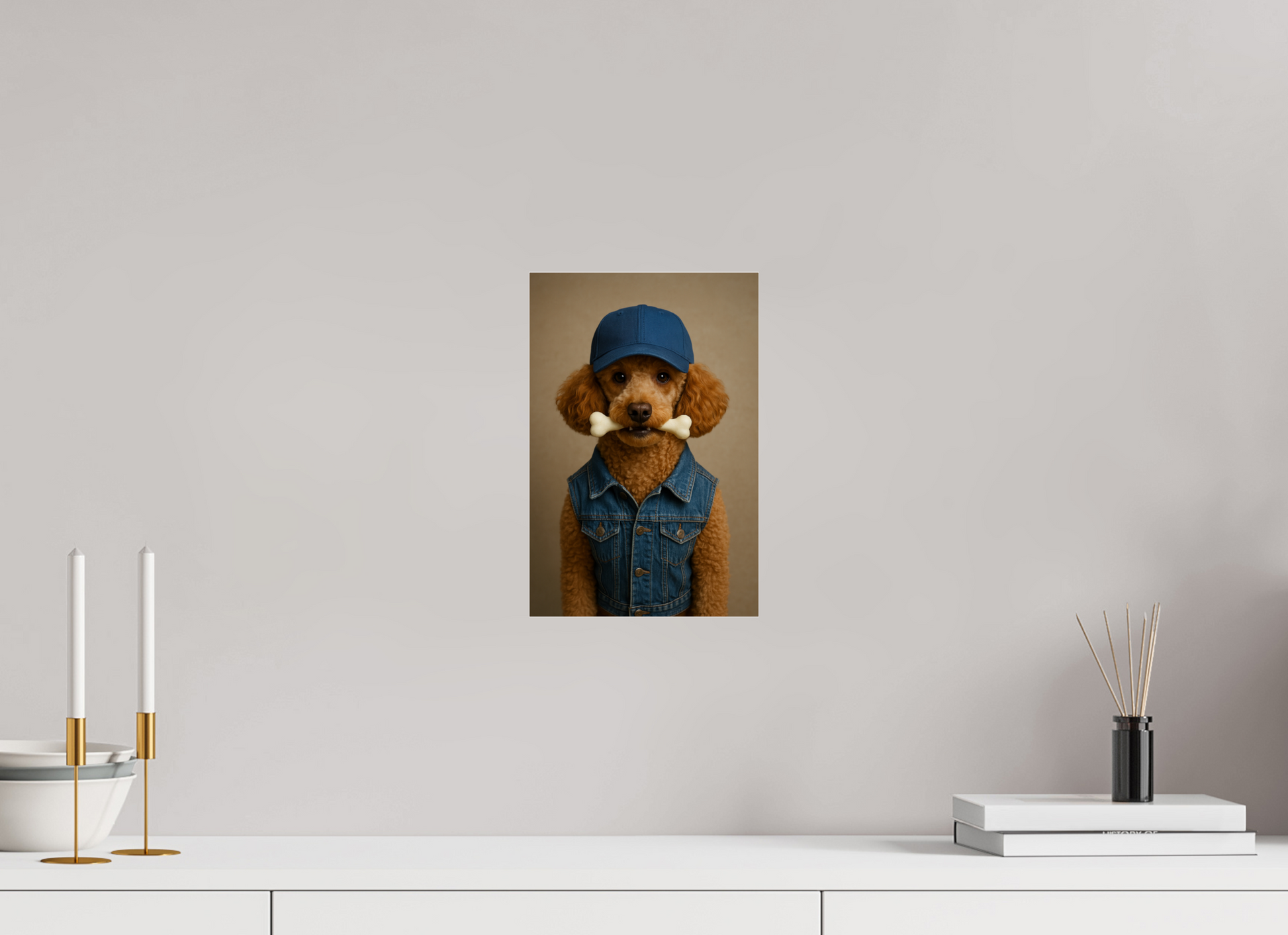 Light brown poodle wearing a blue baseball cap and denim vest, holding a white bone in its mouth, on a beige background.

#00008 | Urban Style