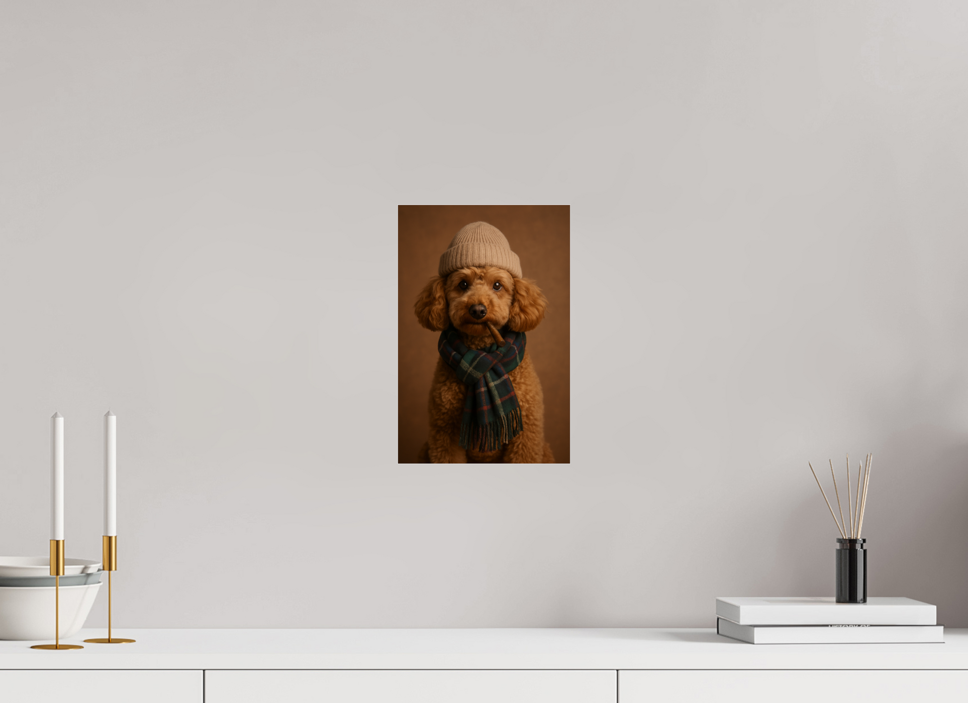 Golden poodle with a beige knitted beanie and green plaid scarf, holding a cigar in its mouth, posing against a warm background.

#00007 | Autumn Elegance