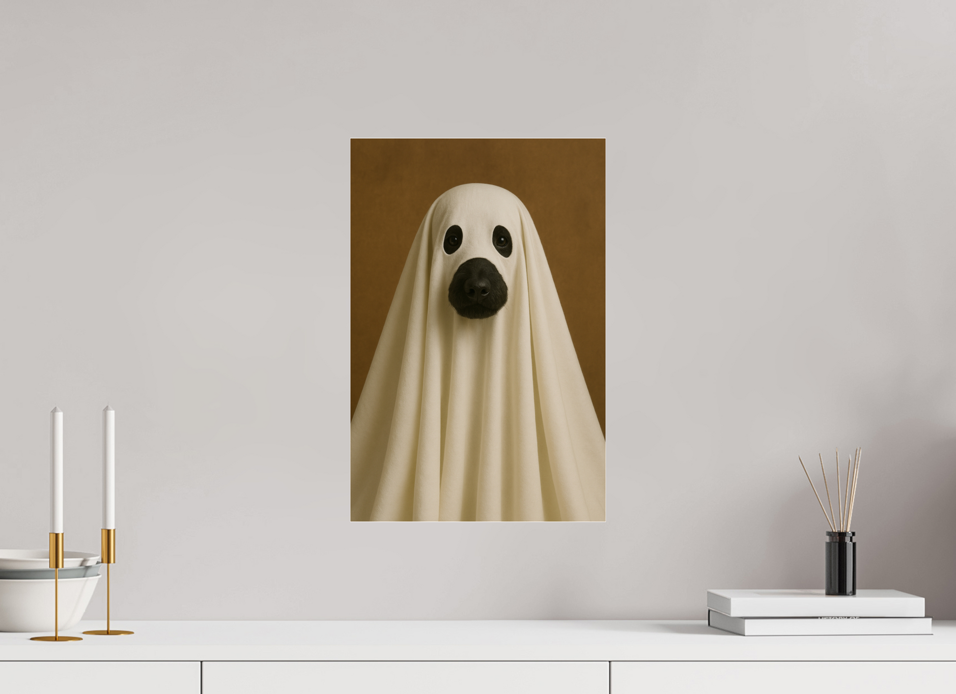 A black poodle dressed as a classic ghost, with a white sheet draped over its body. Spooky and adorable at the same time!

 

#00010 | The Ghostly Poodle