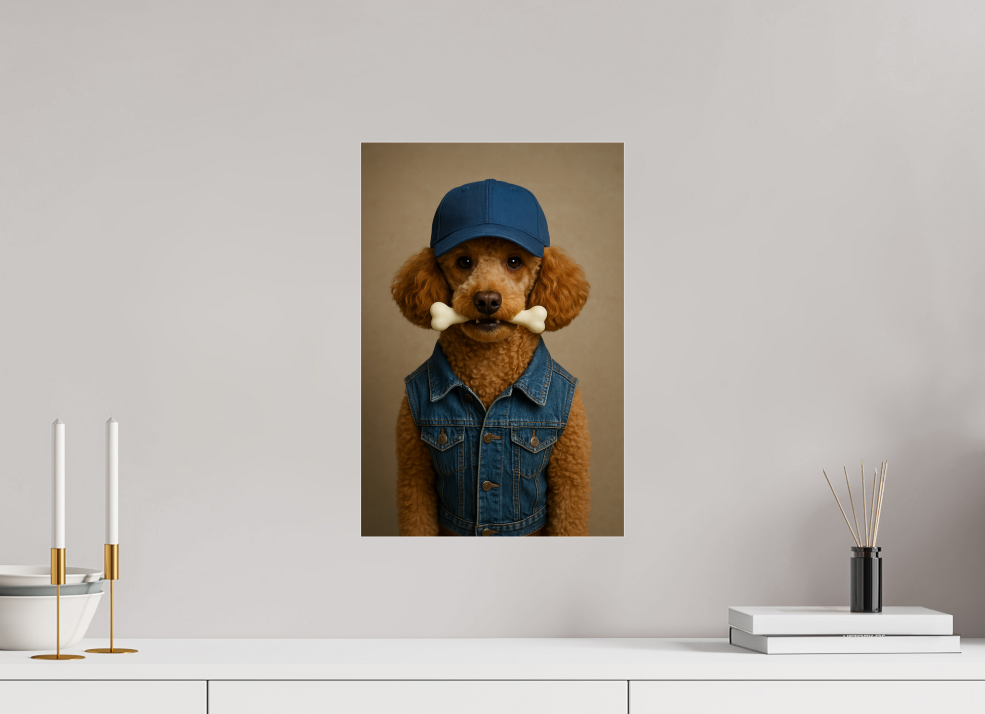 Light brown poodle wearing a blue baseball cap and denim vest, holding a white bone in its mouth, on a beige background.

#00008 | Urban Style