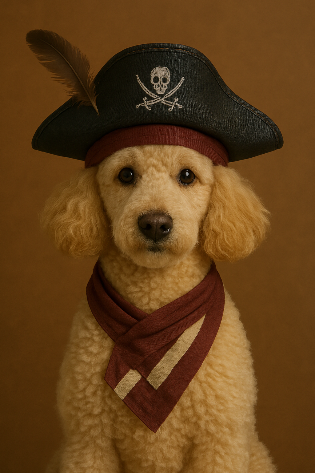 Cream-colored poodle in a pirate costume with a black hat, feather, and maroon scarf, posing against a soft brown backdrop. 

#00009 | The Pirate Captain