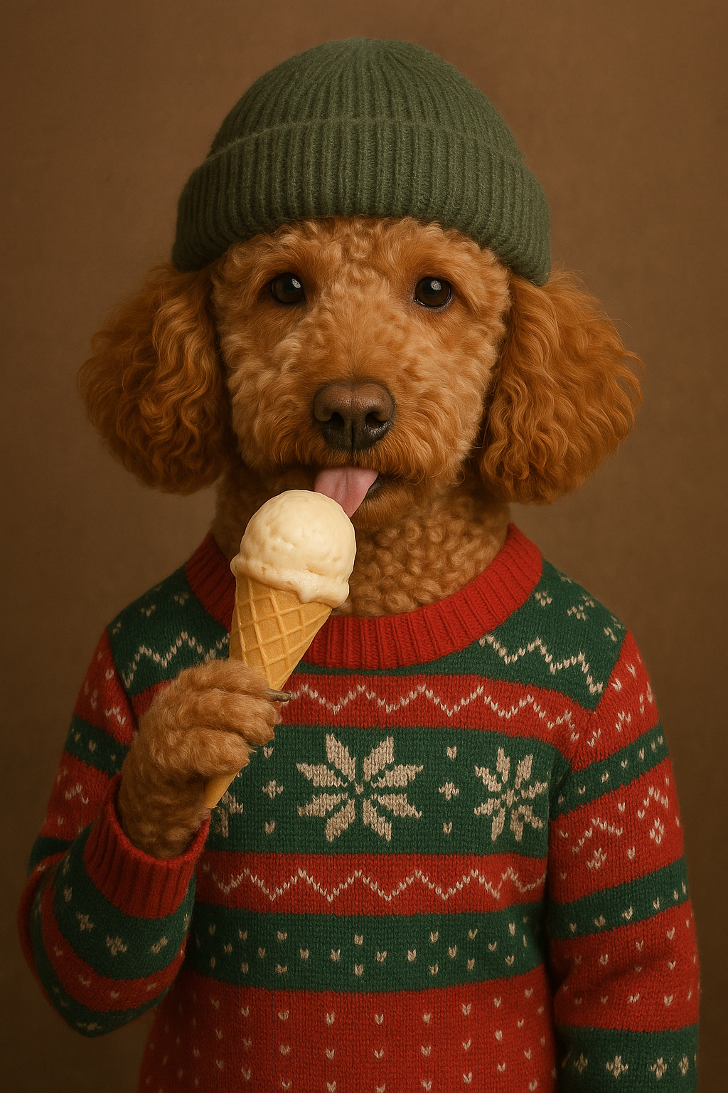 Red poodle wearing a black beret and leather jacket, with a cigar in its mouth, posing against a beige background.

#00002 | The French Artist