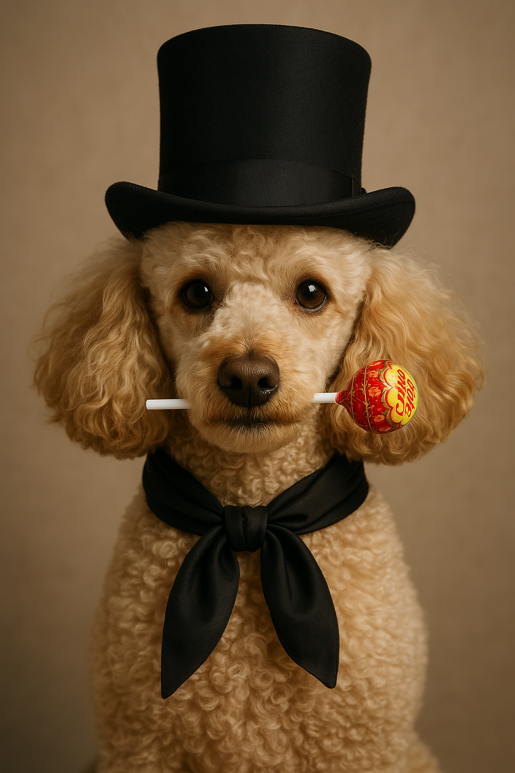Cream-colored poodle wearing a black top hat and black necktie, holding a red Chupa Chups lollipop in its mouth, against a warm brown background.

#00001 | Sweet Elegance 