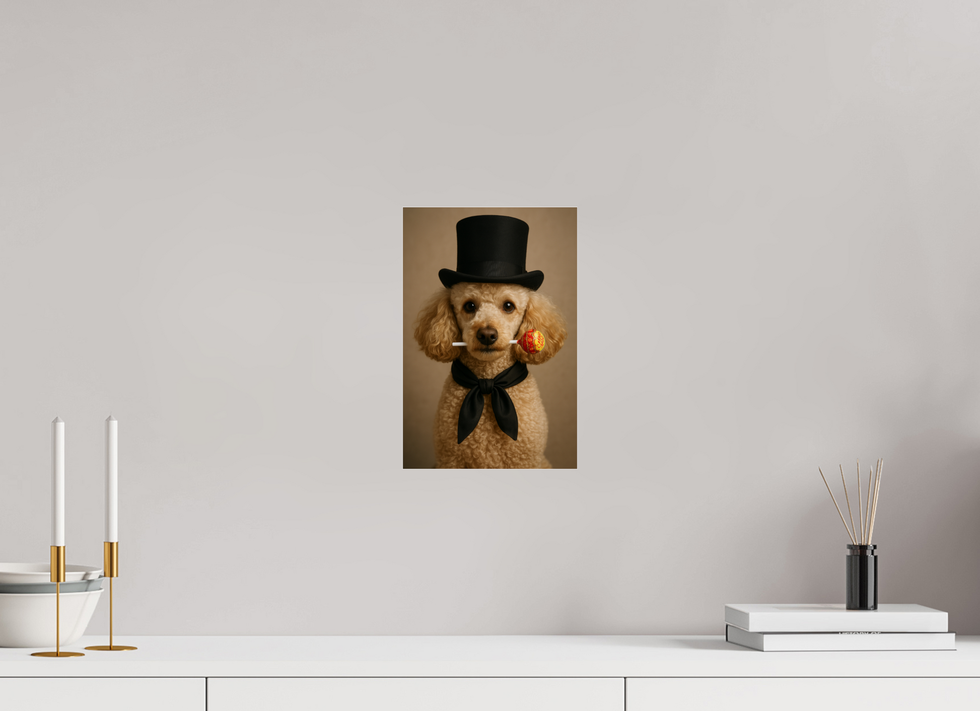 Cream-colored poodle wearing a black top hat and black necktie, holding a red Chupa Chups lollipop in its mouth, against a warm brown background.

#00001 | Sweet Elegance 