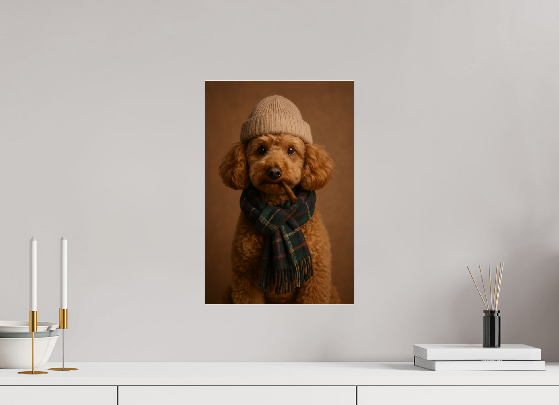 Golden poodle with a beige knitted beanie and green plaid scarf, holding a cigar in its mouth, posing against a warm background.

#00007 | Autumn Elegance