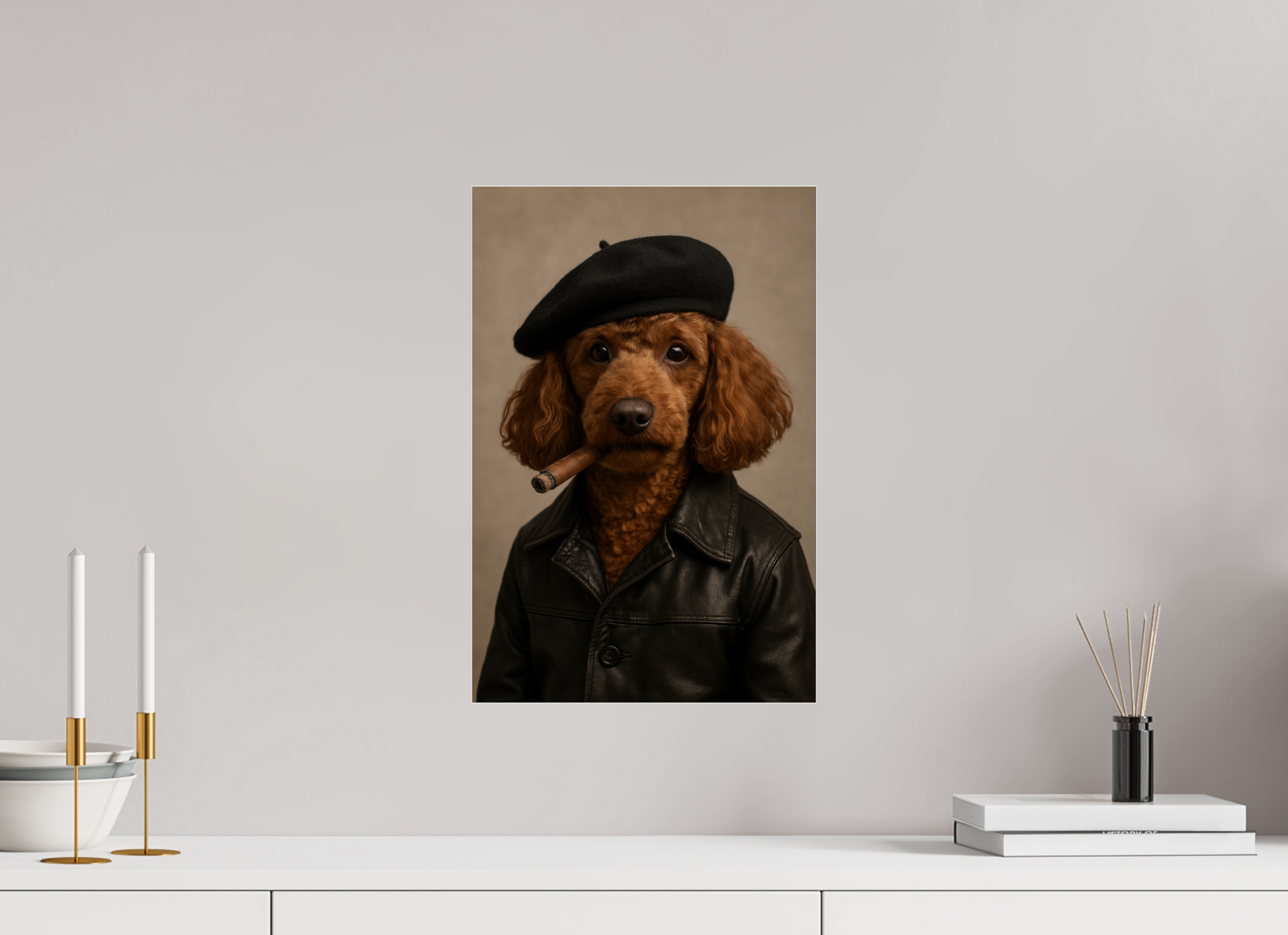 Red poodle wearing a black beret and leather jacket, with a cigar in its mouth, posing against a beige background.

#00002 | The French Artist