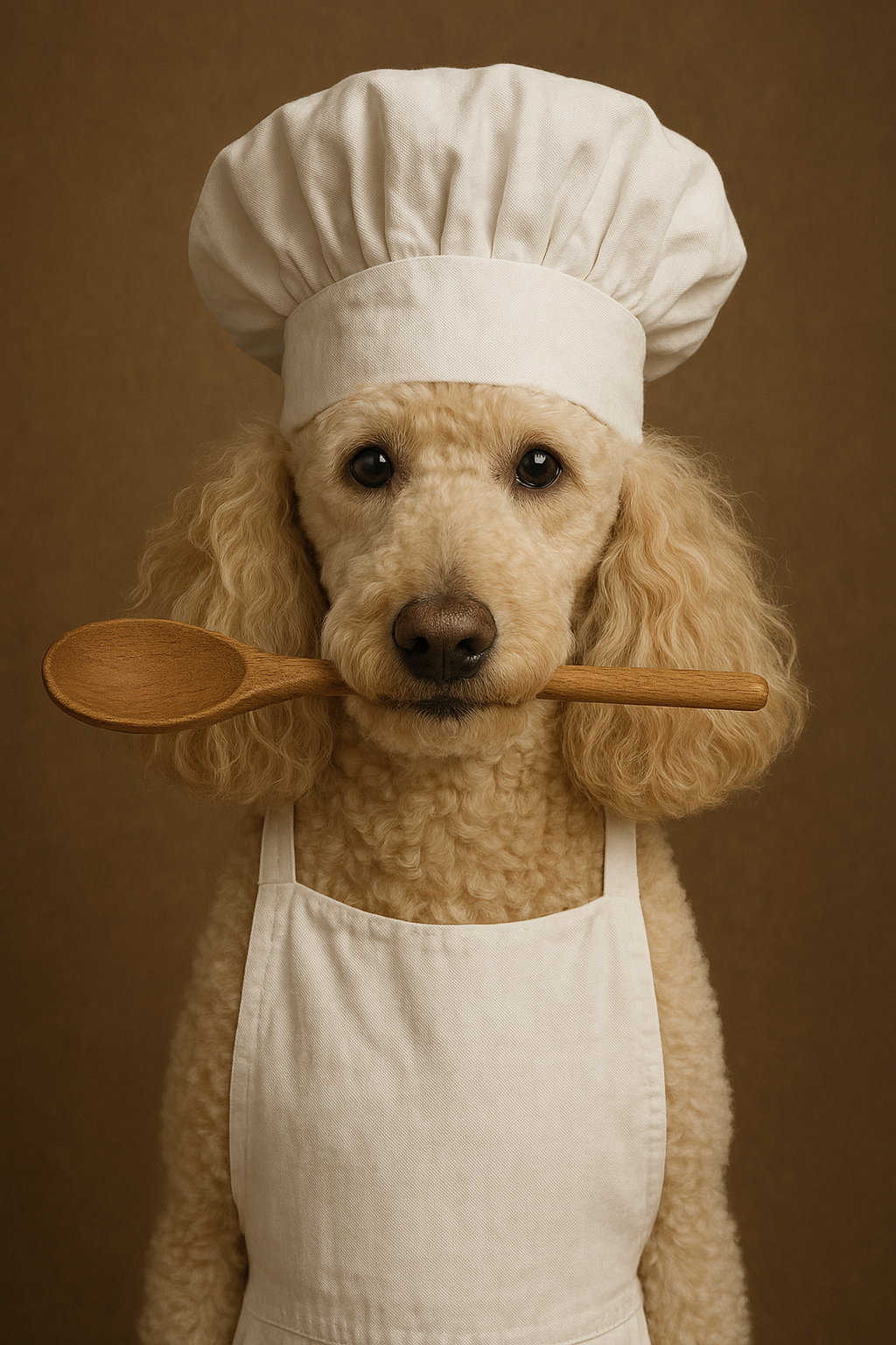 Poodle wearing chef hat and apron holding a wooden spoon – funny dog wall art by Craazy Dogs.

# 00011 | The Master Chef