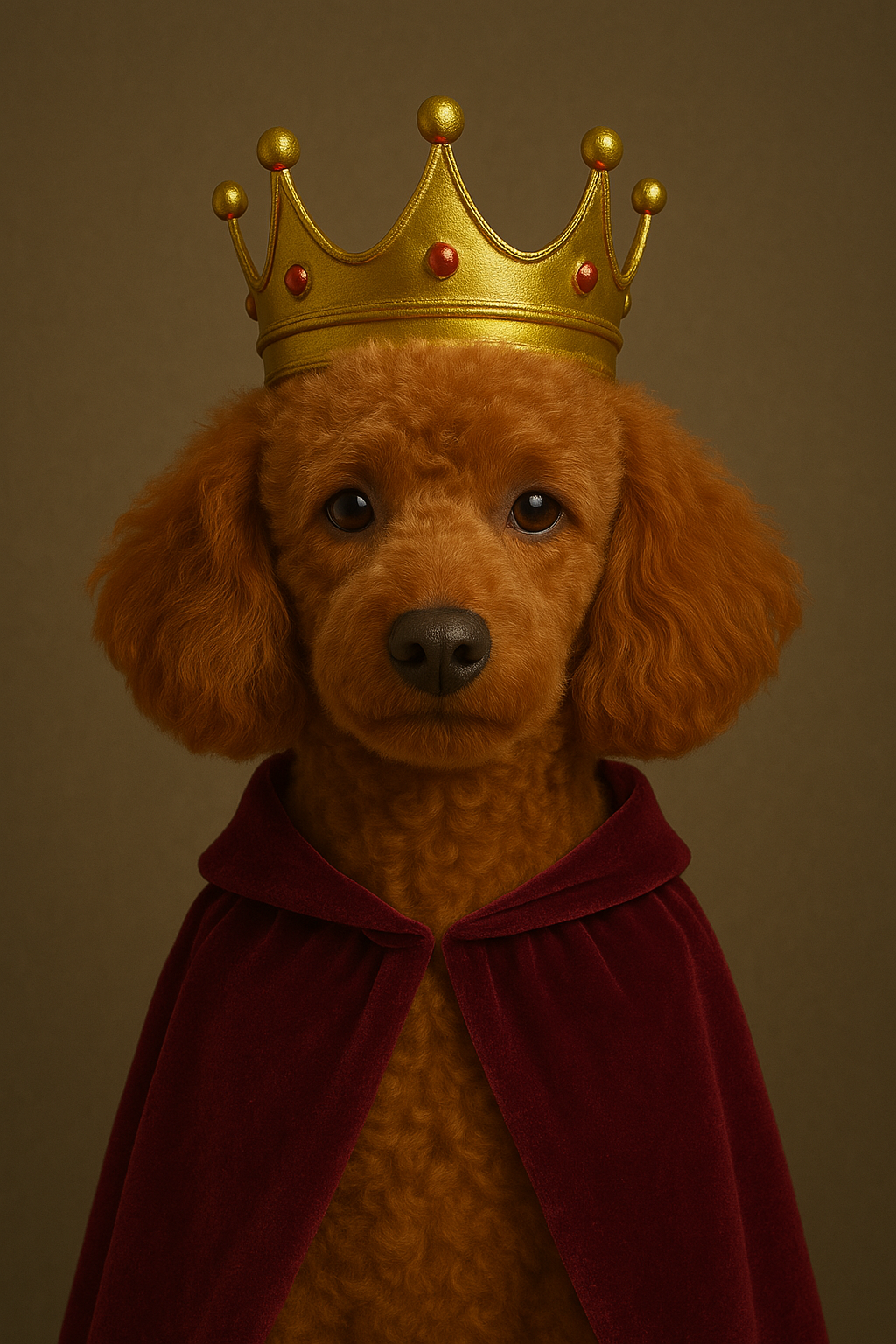 Red poodle dressed as a king, wearing a golden crown and a red velvet cloak, with a regal expression and olive background.

#00006 | King Poodle