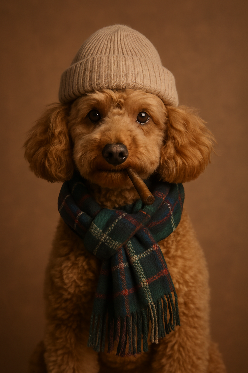 Golden poodle with a beige knitted beanie and green plaid scarf, holding a cigar in its mouth, posing against a warm background.

#00007 | Autumn Elegance