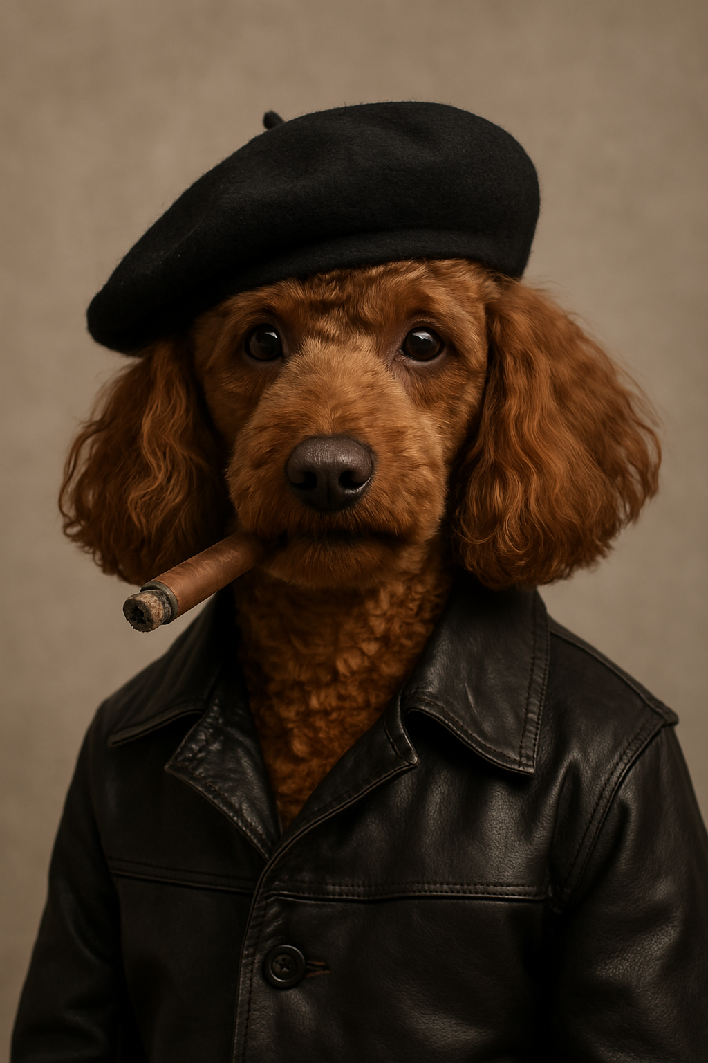 Red poodle wearing a black beret and leather jacket, with a cigar in its mouth, posing against a beige background.

#00002 | The French Artist