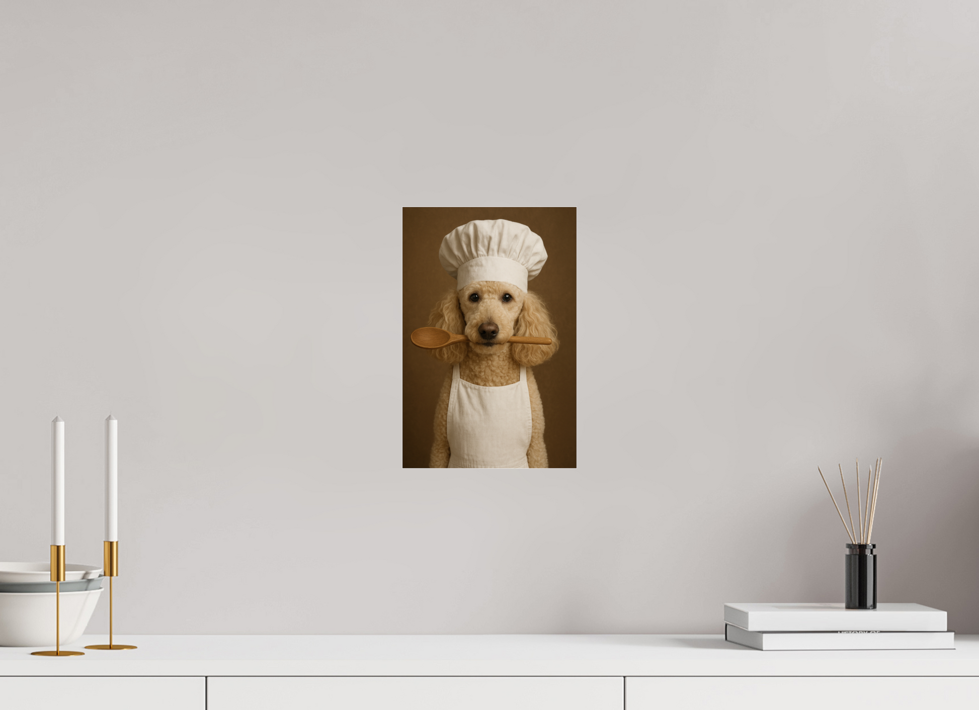 Poodle wearing chef hat and apron holding a wooden spoon – funny dog wall art by Craazy Dogs.

# 00011 | The Master Chef
