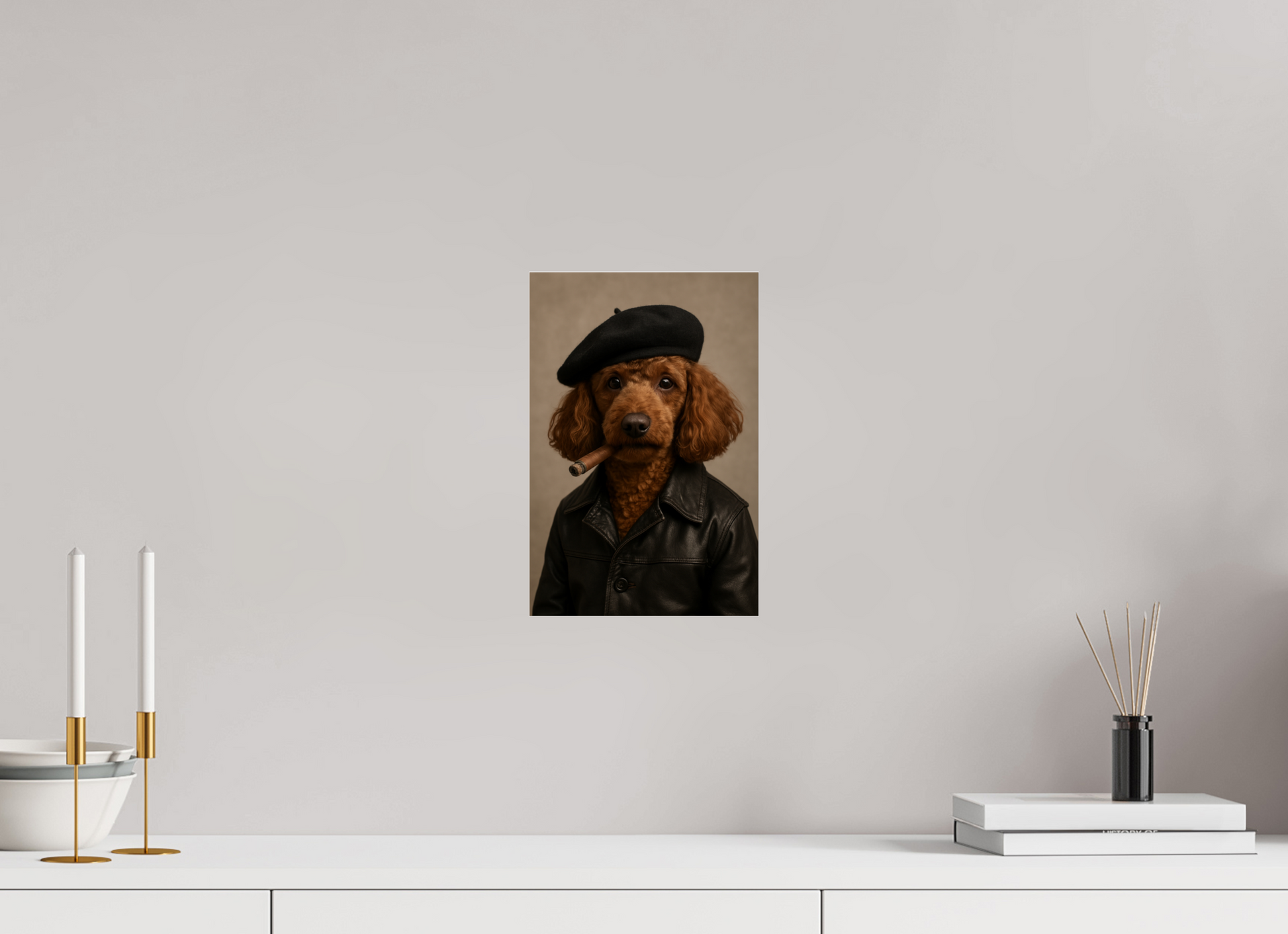 Red poodle wearing a black beret and leather jacket, with a cigar in its mouth, posing against a beige background.

#00002 | The French Artist