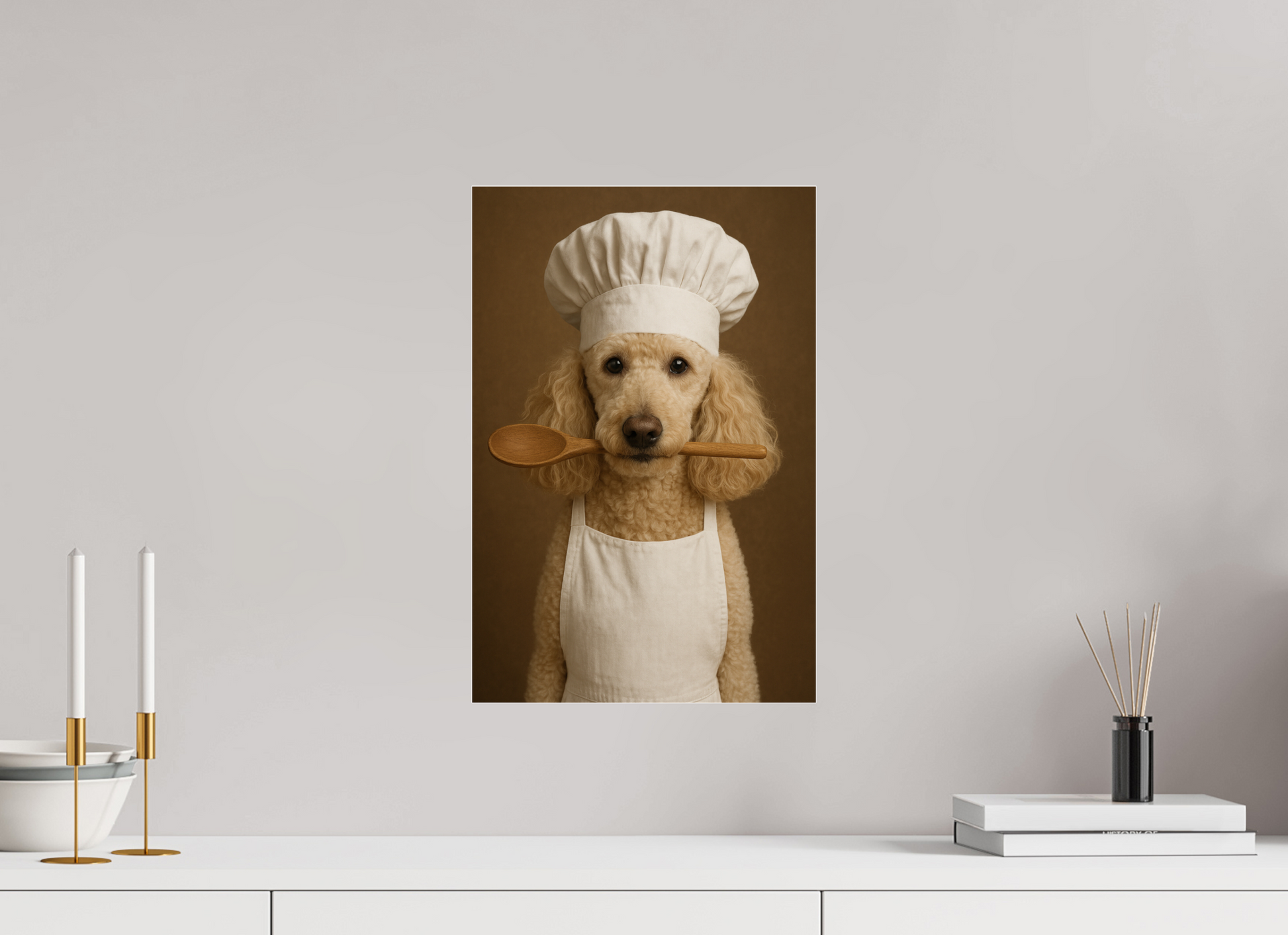 Poodle wearing chef hat and apron holding a wooden spoon – funny dog wall art by Craazy Dogs.

# 00011 | The Master Chef