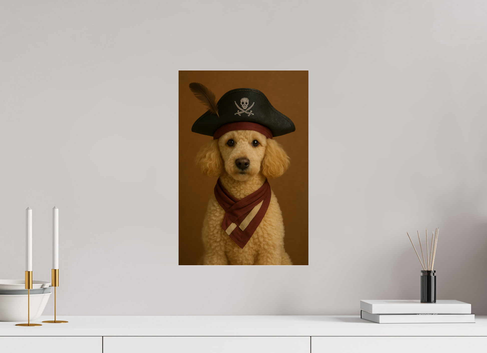 Cream-colored poodle in a pirate costume with a black hat, feather, and maroon scarf, posing against a soft brown backdrop. 

#00009 | The Pirate Captain
