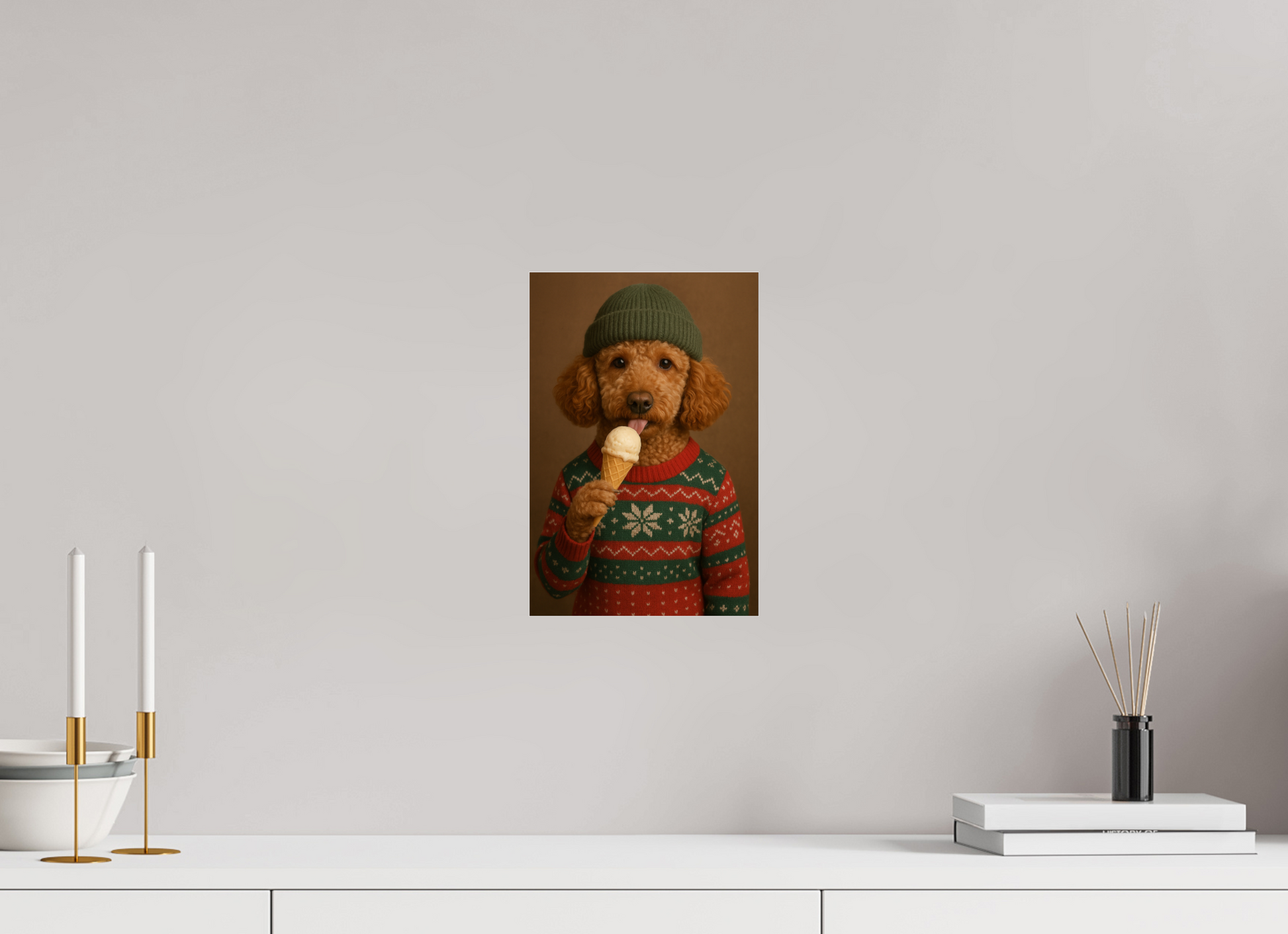  Red poodle wearing a green wool beanie and Christmas sweater, licking a vanilla ice cream cone, on a warm brown background.

#00003 | Winter Delight