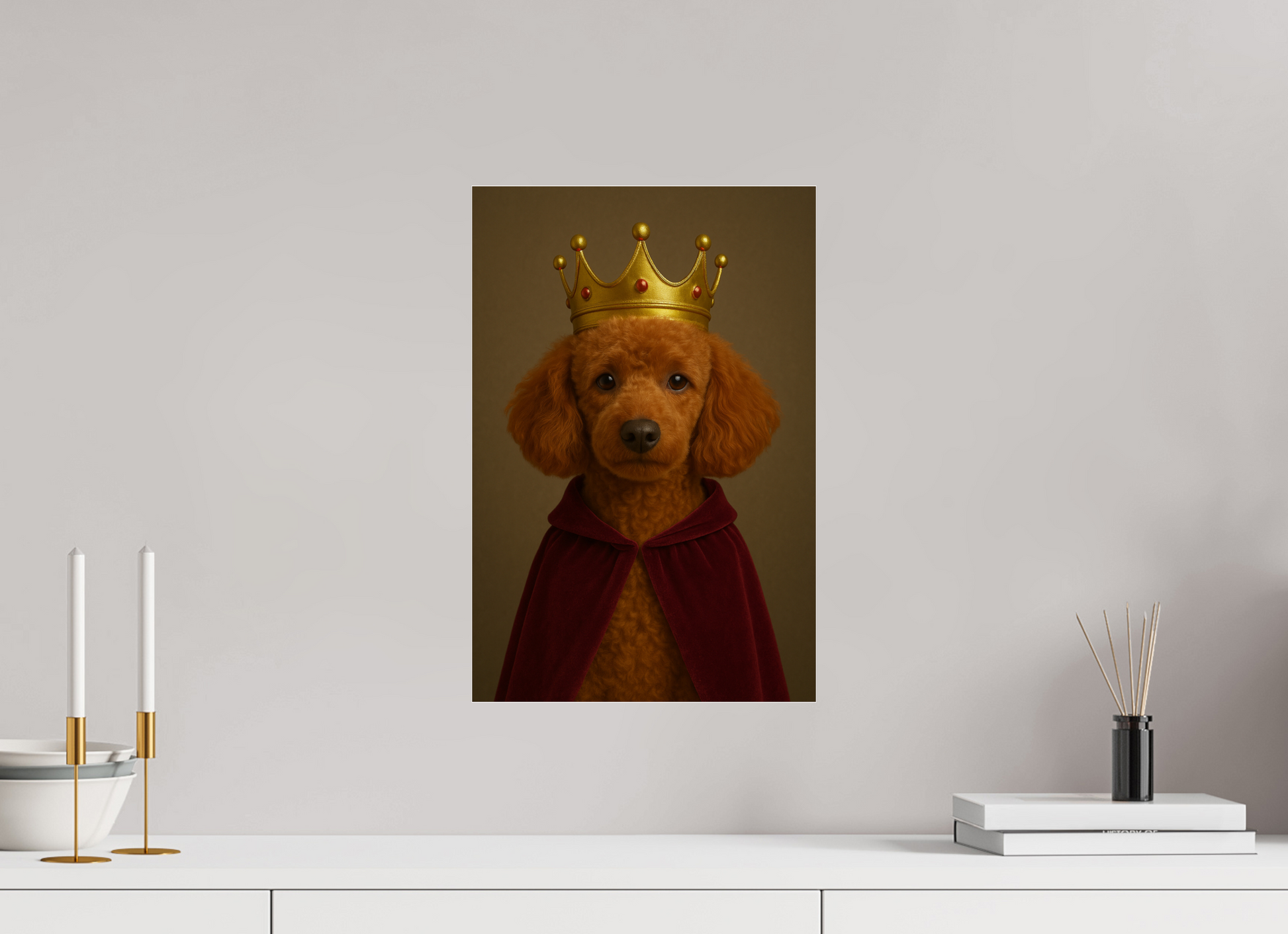 Red poodle dressed as a king, wearing a golden crown and a red velvet cloak, with a regal expression and olive background.

#00006 | King Poodle